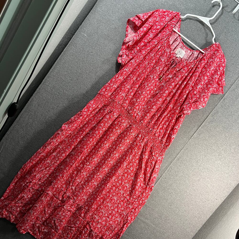 Destination 365 Printed Short-Sleeve Midi Dress with Smo Red Abstract XL